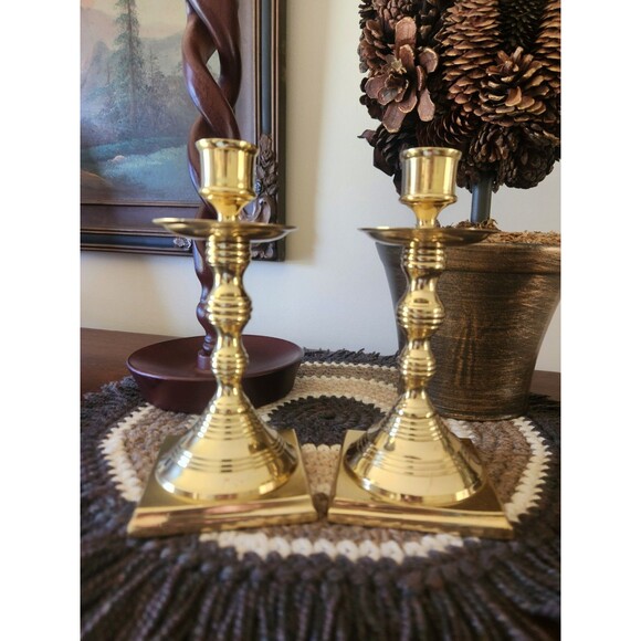 Brass Candlestick Vintage Heavy Tapered  Set Of 2Candle Holder Square Base  6.5" - Picture 7 of 7
